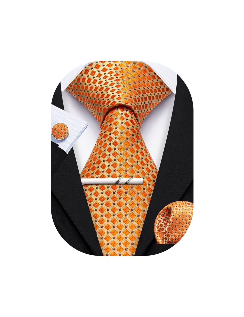 9356 Orange Tie with Tie Clip Plaid Silk Necktie Pocket Square Cufflinks